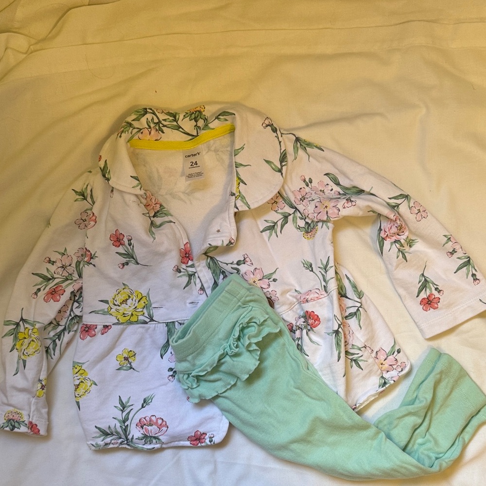 Carter's Floral jacket and pant Set - White and Mint